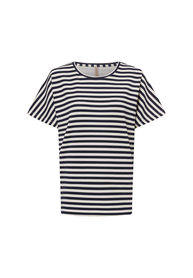 Gestreiftes kurzärmliges T-Shirt mit navyblauen und weißen horizontalen Streifen, Rundhalsausschnitt und weicher Stofftextur.