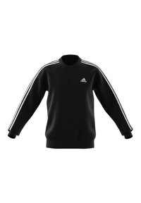 Sweatshirt preto com mangas longas, decote redondo, design de três riscas brancas nos ombros e pequeno logo da Adidas no peito.