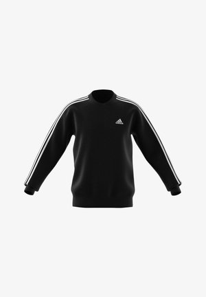 Felpa nera con maniche lunghe, scollo rotondo, design a tre strisce bianche sulle spalle e piccolo logo Adidas sul petto.