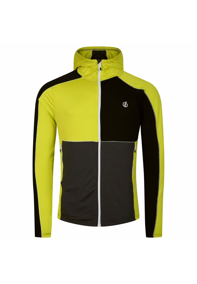 Hoodie mit leuchtend gelber Vorderseite und Ärmeln, zusätzlich mit schwarzen Seitenpaneelen. Verfügt über einen Reißverschluss in voller Länge und ein Logo auf der Brust.