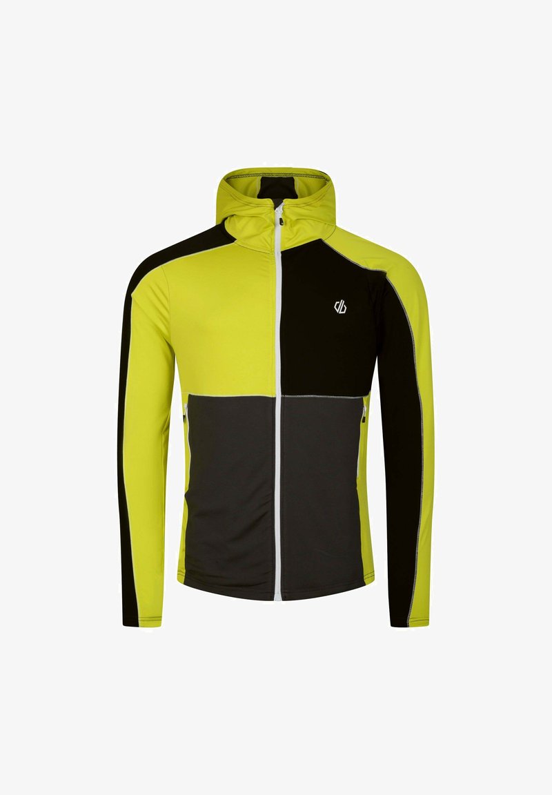 Hoodie mit leuchtend gelber Vorderseite und Ärmeln, zusätzlich mit schwarzen Seitenpaneelen. Verfügt über einen Reißverschluss in voller Länge und ein Logo auf der Brust.