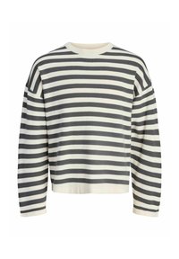 Striped sweater in cream and dark gray, featuring a ribbed round neckline, long sleeves, and a relaxed fit with a cropped hem.