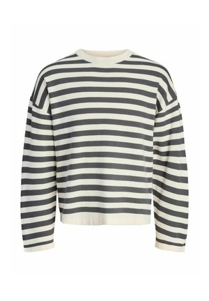 Stribet sweater i creme og mørkegrå, med en ribbet rund hals, lange ærmer og en afslappet pasform med en cropped nederdel.