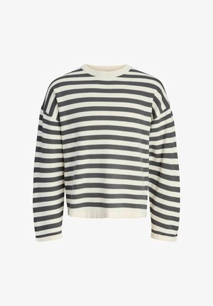 Gestreifter Pullover in Creme und Dunkelgrau, mit einem gerippten Rundhalsausschnitt, langen Ärmeln und einem lockeren Schnitt mit einem verkürzten Saum.