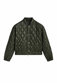 Pikowana, krótka oliwkowa kurtka z okrągłym kołnierzem, elastycznymi mankietami i zapięciem na zatrzaski z przodu; posiada kieszeń na zamek błyskawiczny i błyszczące wykończenie.