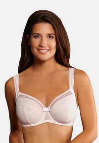 Gaiši rozā krūšturis ar stīpiņām un punktiņu rakstu, mežģīņu apdare, regulējamas siksniņas un centrālā lentīte, izgatavots no gludas auduma.