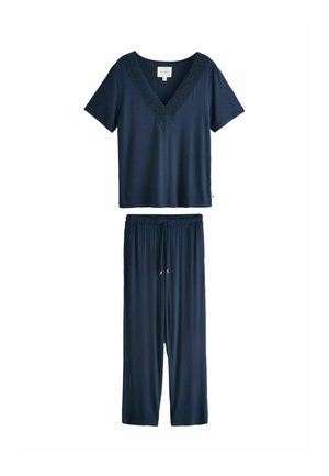 Marineblaues zweiteiliges Loungewear-Set mit V-Ausschnitt, kurzärmeligem Top mit Spitzenbesatz und Hose mit elastischem Bund und Kordelzug.