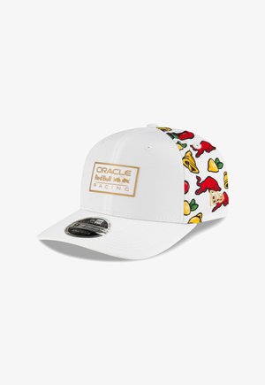 White Oracle Red Bull Racing cap with gold logo patch on front and colorful fruit and bull patterns on the sides and back.