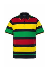 Polo tričko s výraznými horizontálními pruhy v červené, žluté, zelené a černé barvě. Měkký bavlněný materiál s límečkem a krátkými rukávy.