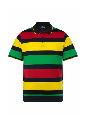 Polo tričko s výraznými horizontálními pruhy v červené, žluté, zelené a černé barvě. Měkký bavlněný materiál s límečkem a krátkými rukávy.