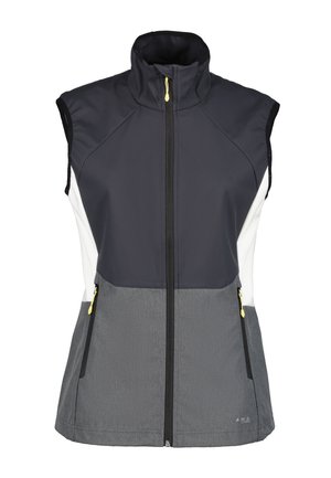 Damska kamizelka bez rękawów z wysokim kołnierzem, zapinana z przodu na zamek, z bocznymi kieszeniami na zamek, w kolorach czarnym, białym i szarym, z blokami kolorów.