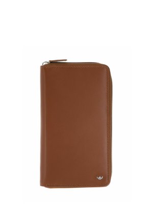Brown leather zip-around wallet with smooth finish and small metallic logo on lower right corner.