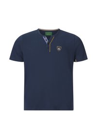 Navy polo shirt with short sleeves, a collar, button placket, and a badge. Features contrasting stripes on the collar and gold accent.