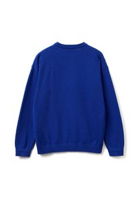 Modrý pletený svetr s dlouhými rukávy. Obsahuje žebrovaný kulatý výstřih a žebrovaný lem a manžety. Hladká textura, klasický střih.