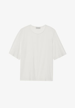 Hvid kortærmet t-shirt lavet af blødt stof. Har en rund halsudskæring og en let boxy form. Glat tekstur, minimal detaljering.