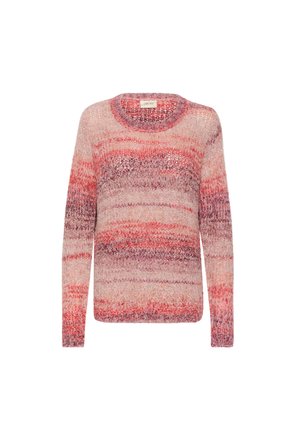 Kootud sviiter ümarate kraega, millel on roosa, punane ja lilla gradientmuster. Pehme tekstuur ja pikad varrukad.