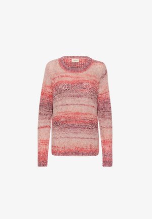 Sweter dzianinowy z okrągłym dekoltem, z gradientowym wzorem w odcieniach różu, czerwieni i fioletu. Miękka tekstura i długie rękawy.