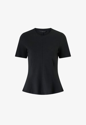 T-shirt nero aderente a maniche corte con scollatura rotonda e dettagli di cuciture sottili sul davanti e sui lati.