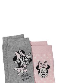 Due paia di calzini per bambini: uno grigio con design di Minnie Mouse e cuori, uno rosa con pois e il volto di Minnie. Materiale in maglia morbida.
