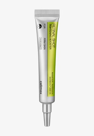 Tube argenté et vert de Celimax Retinal Shot Tightening Booster pour une peau ferme, contenant 0,1 % de rétinol, 1 % de panthénol et 3 % d'ingrédients Matrixyl 3000.