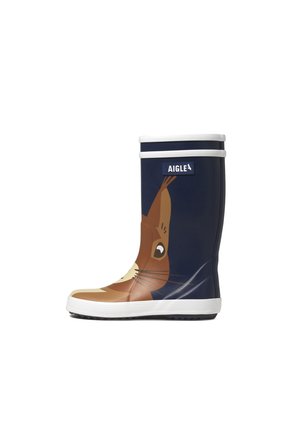 Botte de pluie bleu marine pour enfants avec semelle et bordure blanches, présentant un grand visage d’écureuil dessin animé et une étiquette de marque Aigle près du haut.