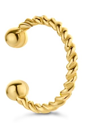 Verdrehtes goldfarbenes Manschettenarmband mit glatten abgerundeten Enden, offenem Design und polierter Oberfläche für einen stilvollen, minimalistischen Look.