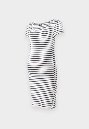 Stribet gravidkjole med korte ærmer, lavet af ribbet stof. Har en tætsiddende silhuet og en rund halsudskæring. Farver: hvid og marineblå.