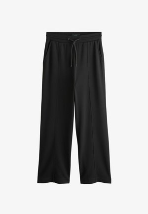 Juodos plačios kelnės su raišteliu juosmens srityje, pasižyminčios lygiu audiniu ir dviem šoniniais kišenėmis. Pagamintos iš patogios medžiagos.