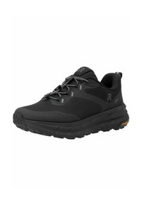 Chaussure de course noire légère avec semelle épaisse, tige en mesh, fermeture à lacets et détails de marque sur le côté et la languette.
