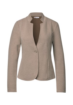 Beige women's blazer with textured fabric, long sleeves, single-button closure, and a stand collar opening.