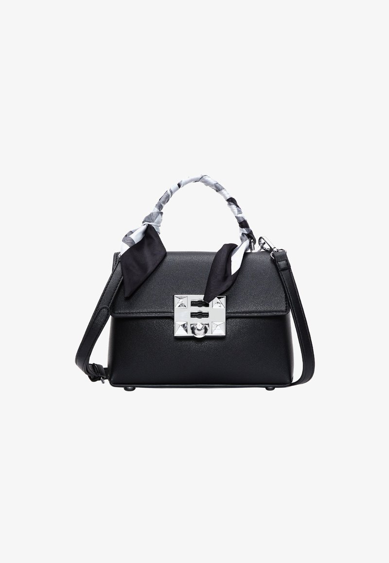 Borsa a tracolla in pelle nera con un design strutturato, hardware argentato e una maniglia intrecciata con un accento in tessuto decorato. Include una tracolla rimovibile.