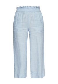 Pantalon ample bleu clair en lin, avec une taille à volants et une coupe décontractée, longueur raccourcie et texture lisse.
