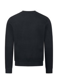 Black sweatshirt with long sleeves, ribbed crew neck, and cuffs. Smooth texture, simple design, and no visible logos or patterns.