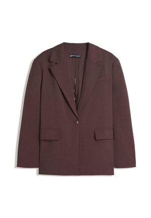Enkeltknappet mørkebrun blazer med hakkede revers og forlommer med klap, vist fladt på en hvid baggrund.
