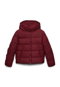 Giacca a vento bordeaux con cappuccio, caratterizzata da sezioni trapuntate, due tasche laterali con zip e polsini elastici per una vestibilità aderente.