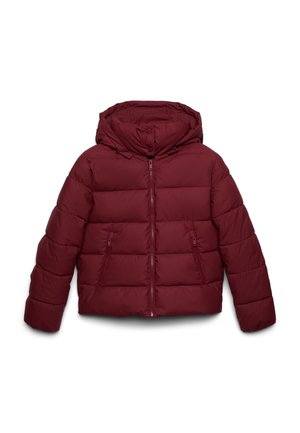 Giacca a vento bordeaux con cappuccio, caratterizzata da sezioni trapuntate, due tasche laterali con zip e polsini elastici per una vestibilità aderente.