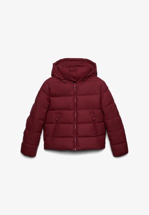 Giacca a vento bordeaux con cappuccio, caratterizzata da sezioni trapuntate, due tasche laterali con zip e polsini elastici per una vestibilità aderente.