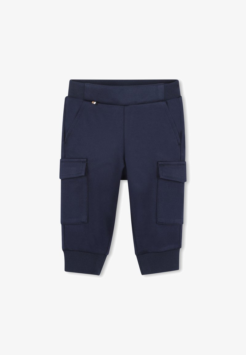 Pantaloni cargo blu navy realizzati in tessuto morbido, dotati di due tasche laterali e due grandi tasche laterali, con polsini e vita a coste.