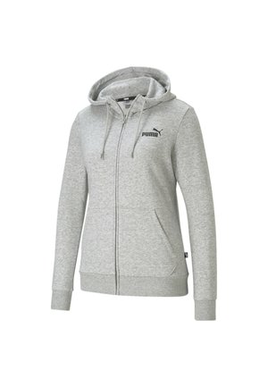 Sweat à capuche zippé gris clair avec poches avant, capuche à cordon, poignets côtelés et logo Puma noir sur la poitrine gauche.