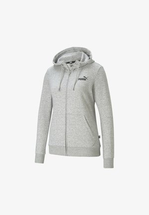 Jasnoszara bluza z kapturem na zamek, z przednimi kieszeniami, kapturem ze sznurkiem, ściągaczami przy mankietach oraz czarnym logo Puma na lewej piersi.