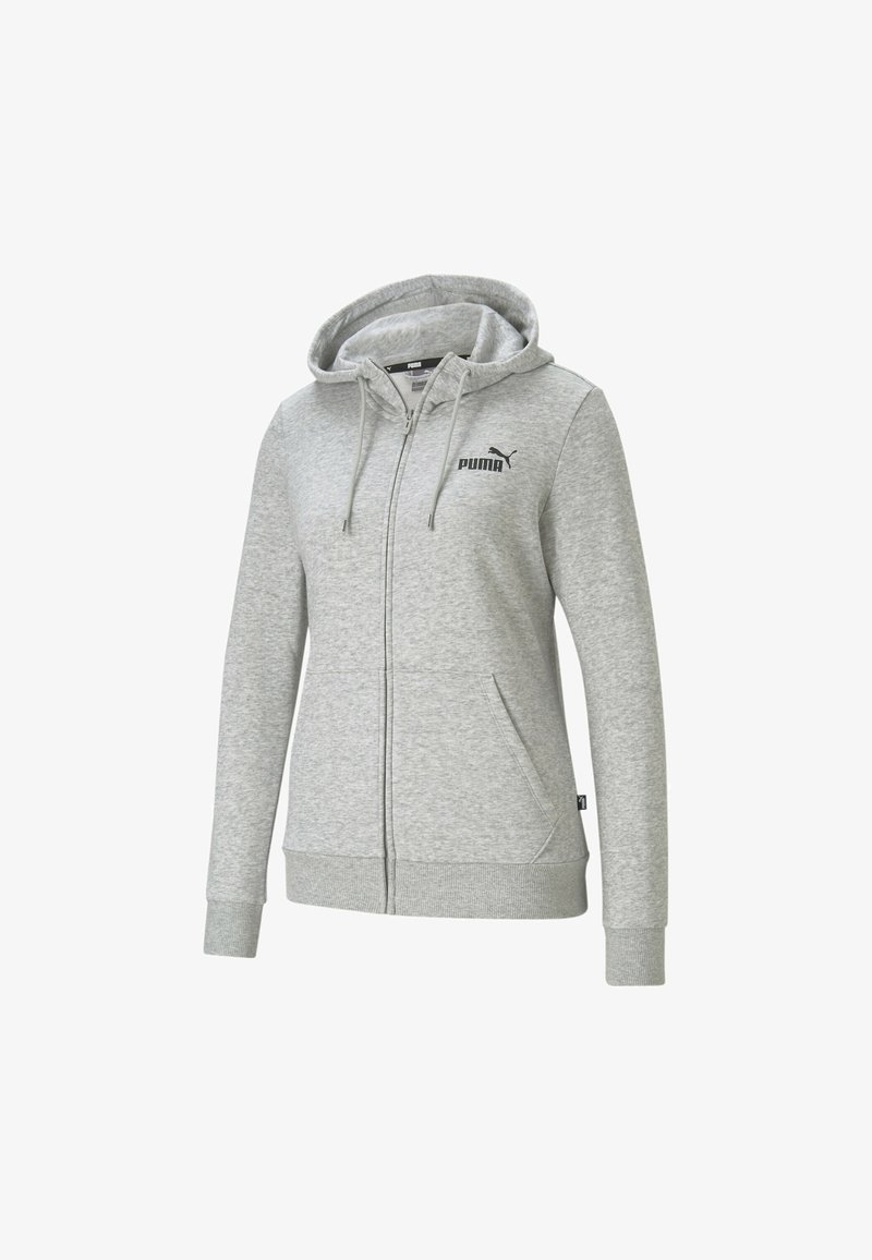 Sweat à capuche zippé gris clair avec poches avant, capuche à cordon, poignets côtelés et logo Puma noir sur la poitrine gauche.