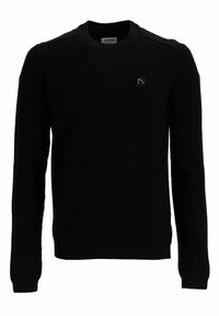 Maglione black a maglia con maniche lunghe, scollo tondo e una piccola etichetta logo sul petto. Tessuto liscio e design a vestibilità regolare.