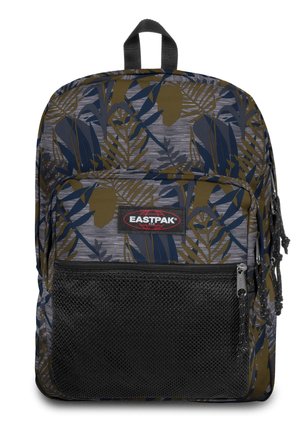 Rygsæk med blå og brun bladmønster, sort netfrontlomme, lynlåstryk og Eastpak-logo på frontlommen.