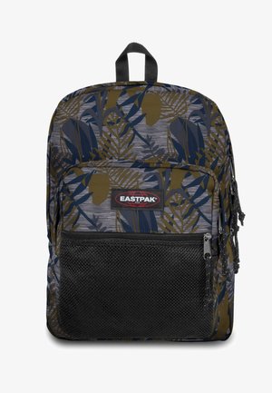 Plecak z niebiesko-brązowym wzorem liści, czarną siatkową przednią kieszenią, suwakami i logo Eastpak na przedniej kieszeni.