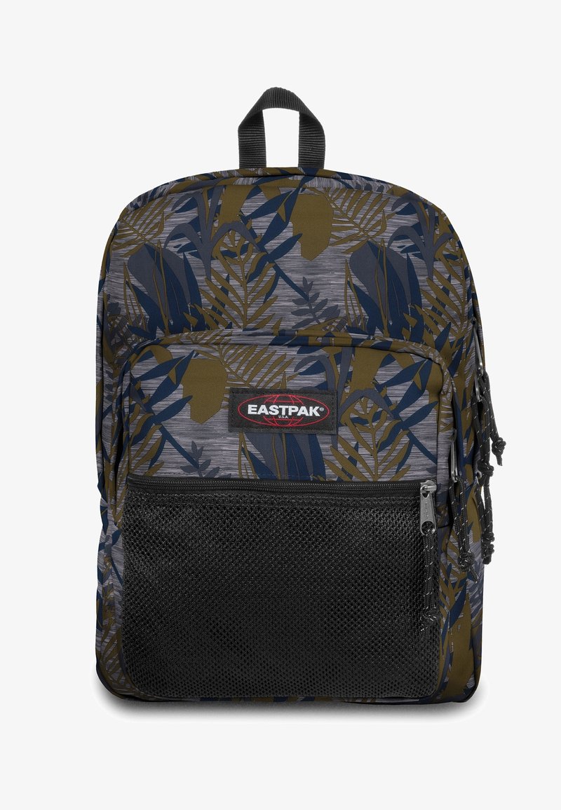 Sac à dos avec motif de feuilles bleu et marron, poche avant en mesh noir, tirettes de fermeture éclair et logo Eastpak sur la poche avant.