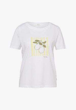 T-shirt blanc à manches courtes avec des rayures verticales jaunes et une illustration de deux citrons avec feuilles, plus le texte « profite de la journée ».