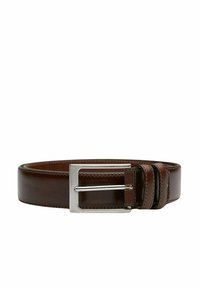 Ruskea nahkavyö, jossa on kiiltävä hopeanvärinen solki. Vyössä on sileä pinta ja kontrastivärinen ommel reunoilla. Säädettävä, mukana vyönpidike.