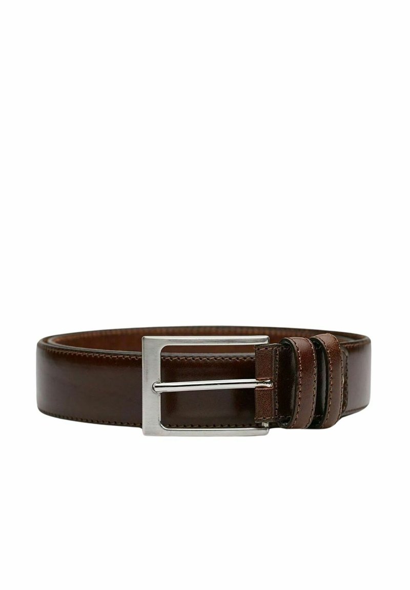 Ruskea nahkavyö, jossa on kiiltävä hopeanvärinen solki. Vyössä on sileä pinta ja kontrastivärinen ommel reunoilla. Säädettävä, mukana vyönpidike.