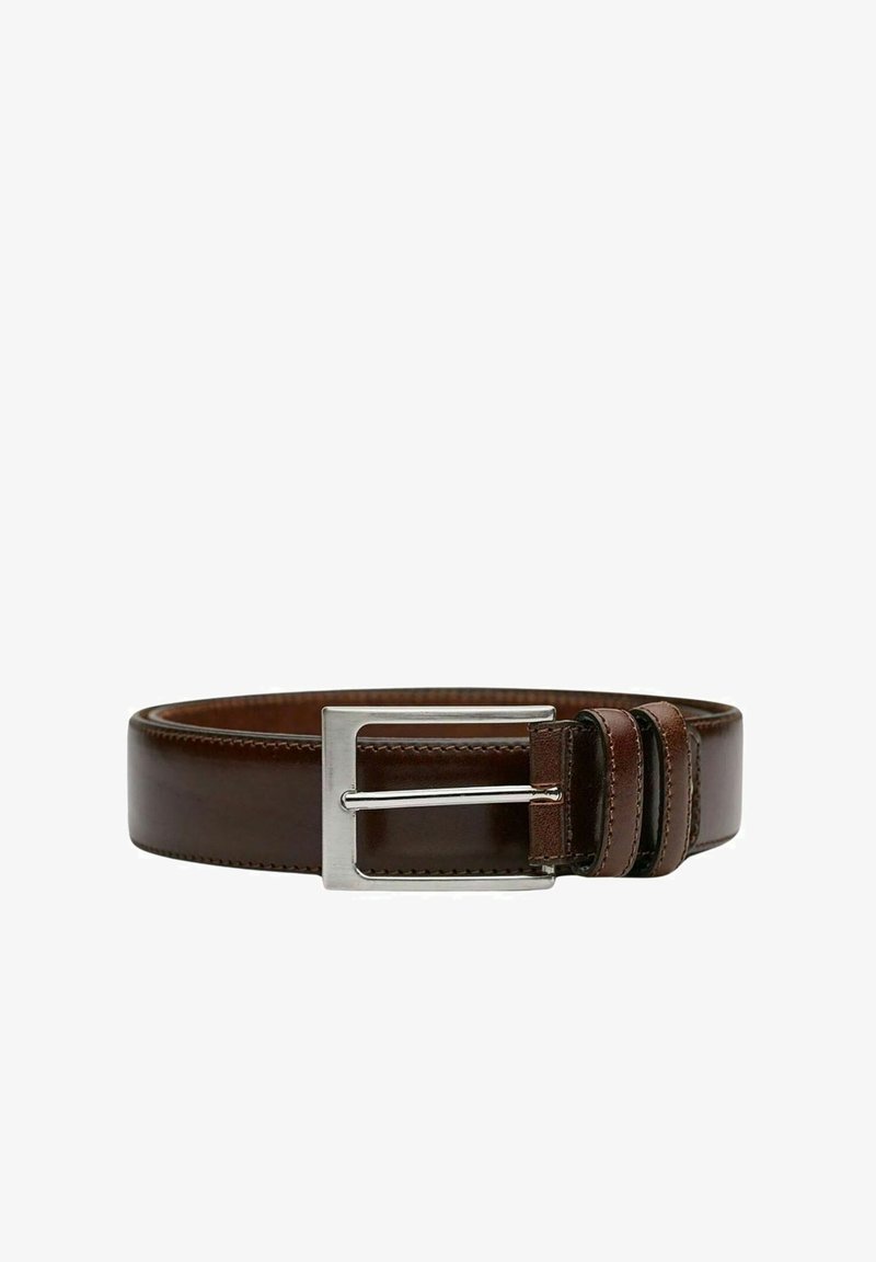 Ruskea nahkavyö, jossa on kiiltävä hopeanvärinen solki. Vyössä on sileä pinta ja kontrastivärinen ommel reunoilla. Säädettävä, mukana vyönpidike.