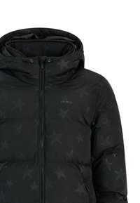 Zwarte pufferjas met capuchon, voorzien van een subtiel sterrenpatroon, een ritssluiting aan de voorkant en elastische details. Gladde textuur en geïsoleerd ontwerp.